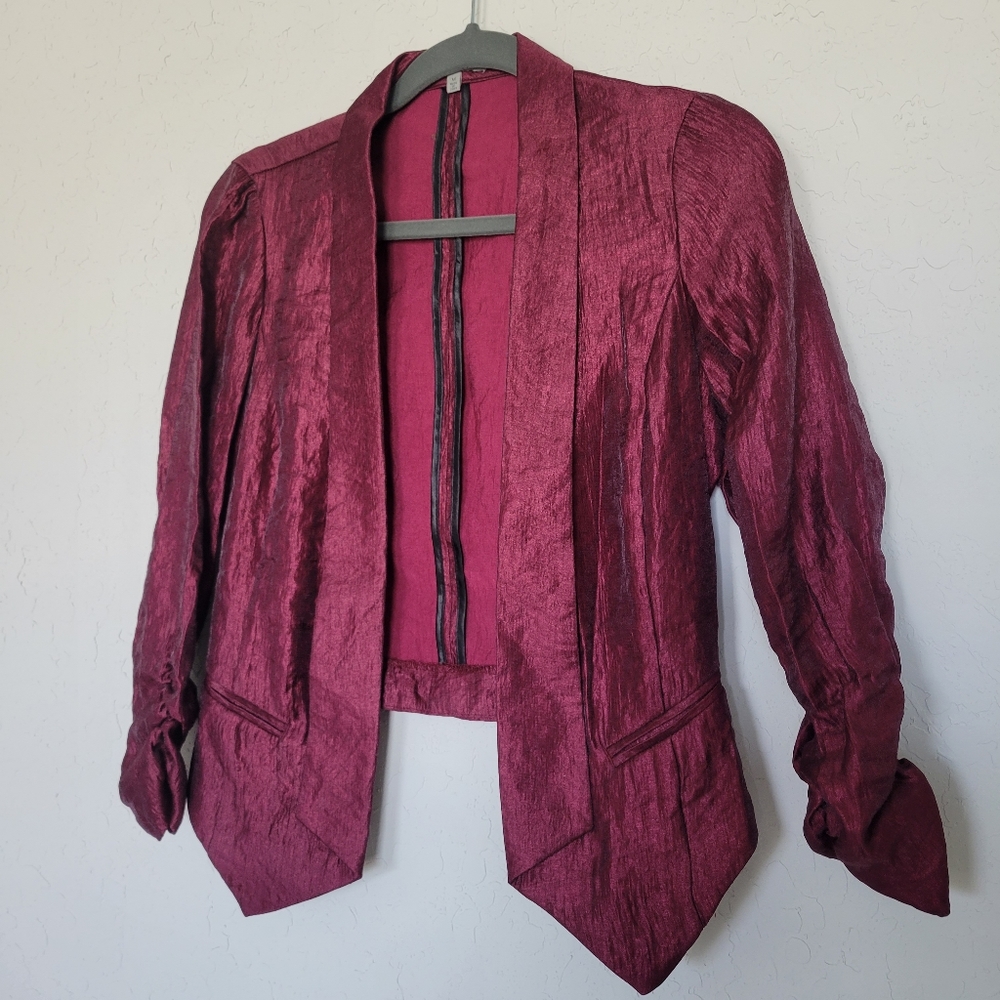 Maroon metallic looking open blazer scrunched sleeve ends Charlotte russe medium